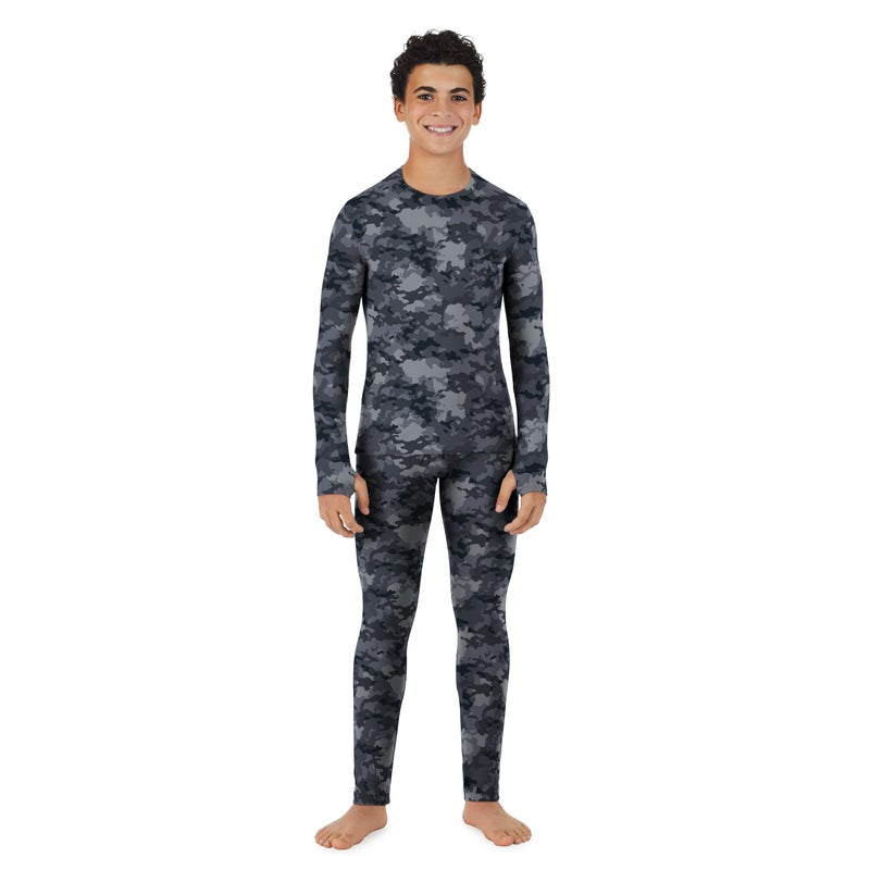 Cuddl Duds Boys Heavyweight Fleece Lined 2 Piece Thermal Underwear Set â€“ Long Sleeve Shirt & Leggings Base Layer for Cold Weather â€“ Winter Clothing Long Johns Lounge Sets for Kids, Black Camo, L - Image 1