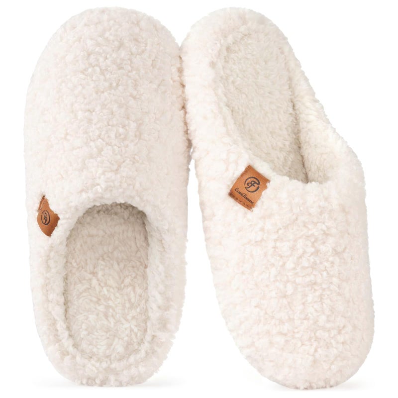 EverFoams Women's Fuzzy Slip-on Slippers Soft Comfy Memory Foam Indoor House Shoes Beige,7-8 US - Image 1
