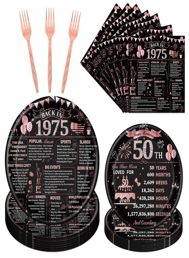 refavor 50th Birthday Decorations for Women, 96PCS Birthday Party Plates Napkins and Forks Tableware, Rose Gold Disposable Cheers to 50 Years Dinnerware Supplies 24 Guests - Image 1
