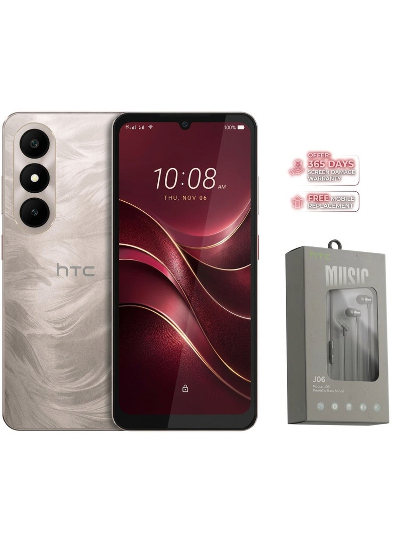 إتش تي سي هاتف Wildfire E7 Life 4G بشريحتين اتصال، لون ذهبي شامبين، ذاكرة عشوائية (RAM) بسعة 6+12 جيجابايت وذاكرة تخزين 128 جيجابايت، مع سماعة رأس HTC J06 مجانية – إصدار الشرق الأوسط. - Image 1