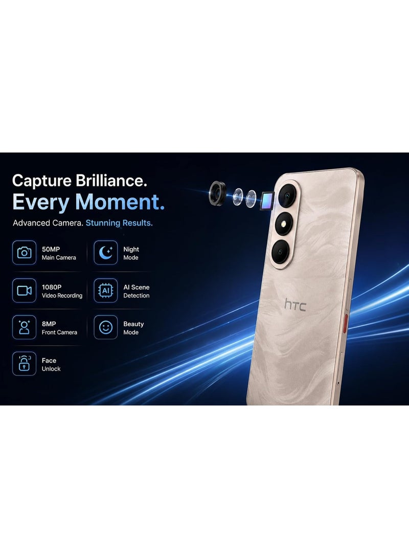 إتش تي سي هاتف Wildfire E7 Life 4G بشريحتين اتصال، لون ذهبي شامبين، ذاكرة عشوائية (RAM) بسعة 6+12 جيجابايت وذاكرة تخزين 128 جيجابايت، مع سماعة رأس HTC J06 مجانية – إصدار الشرق الأوسط. - Image 4