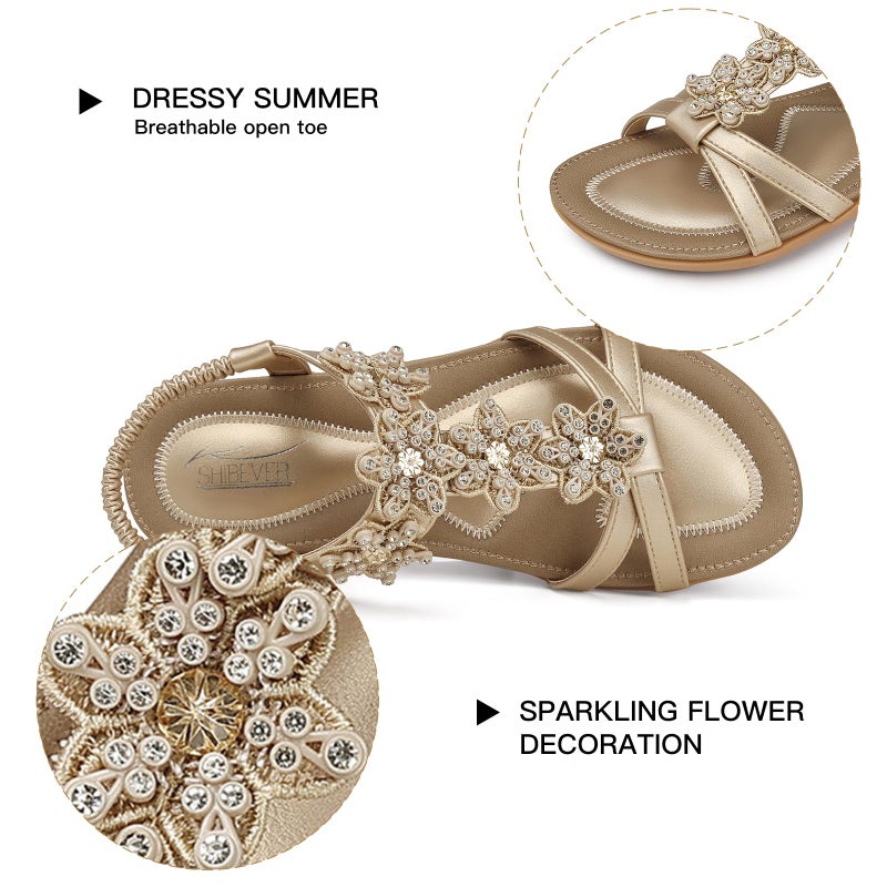 SHIBEVER Dressy Flat Sandals for Women: Gold Size 7 Summer Comfy Walking Ankle Straps Womens Sandal - Image 5