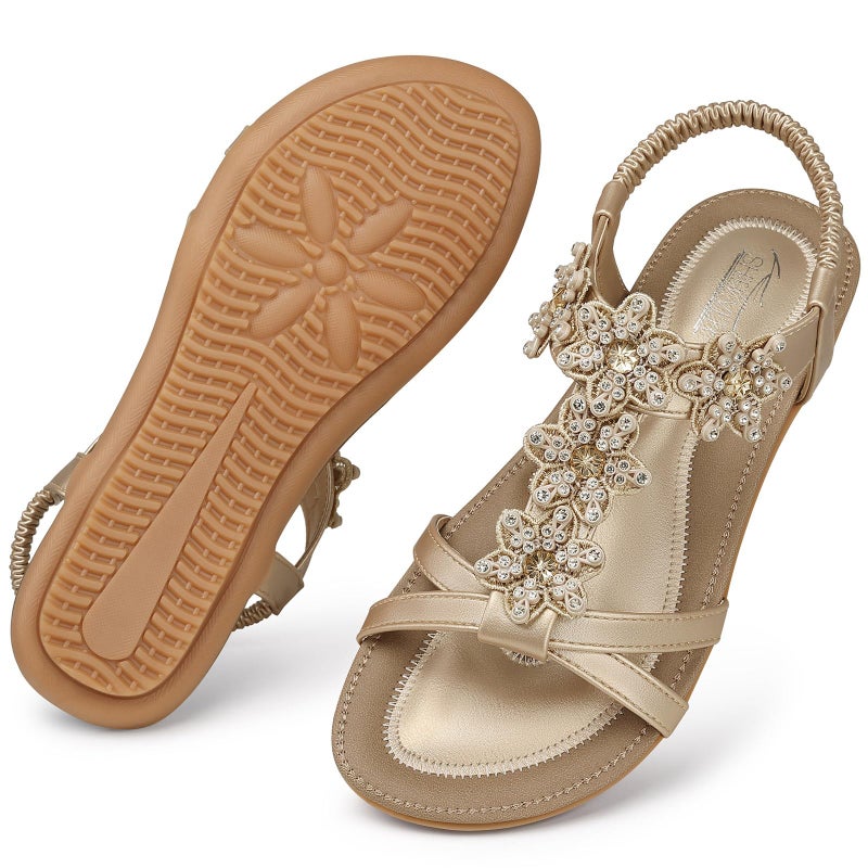 SHIBEVER Dressy Flat Sandals for Women: Gold Size 7 Summer Comfy Walking Ankle Straps Womens Sandal - Image 4