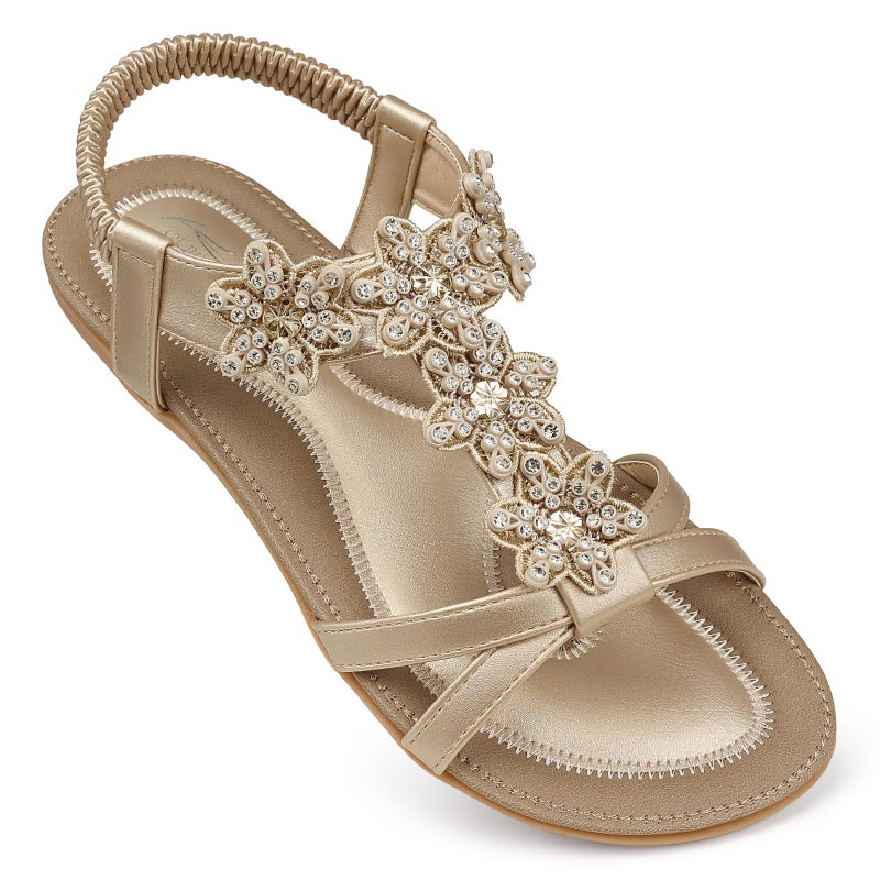 SHIBEVER Dressy Flat Sandals for Women: Gold Size 7 Summer Comfy Walking Ankle Straps Womens Sandal - Image 1