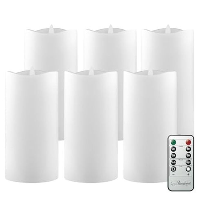 6 COUNT WHITE REAL WAX 3X6 FLAMELESS LED PILLAR CANDLES WITH REMOTE AND TIMER