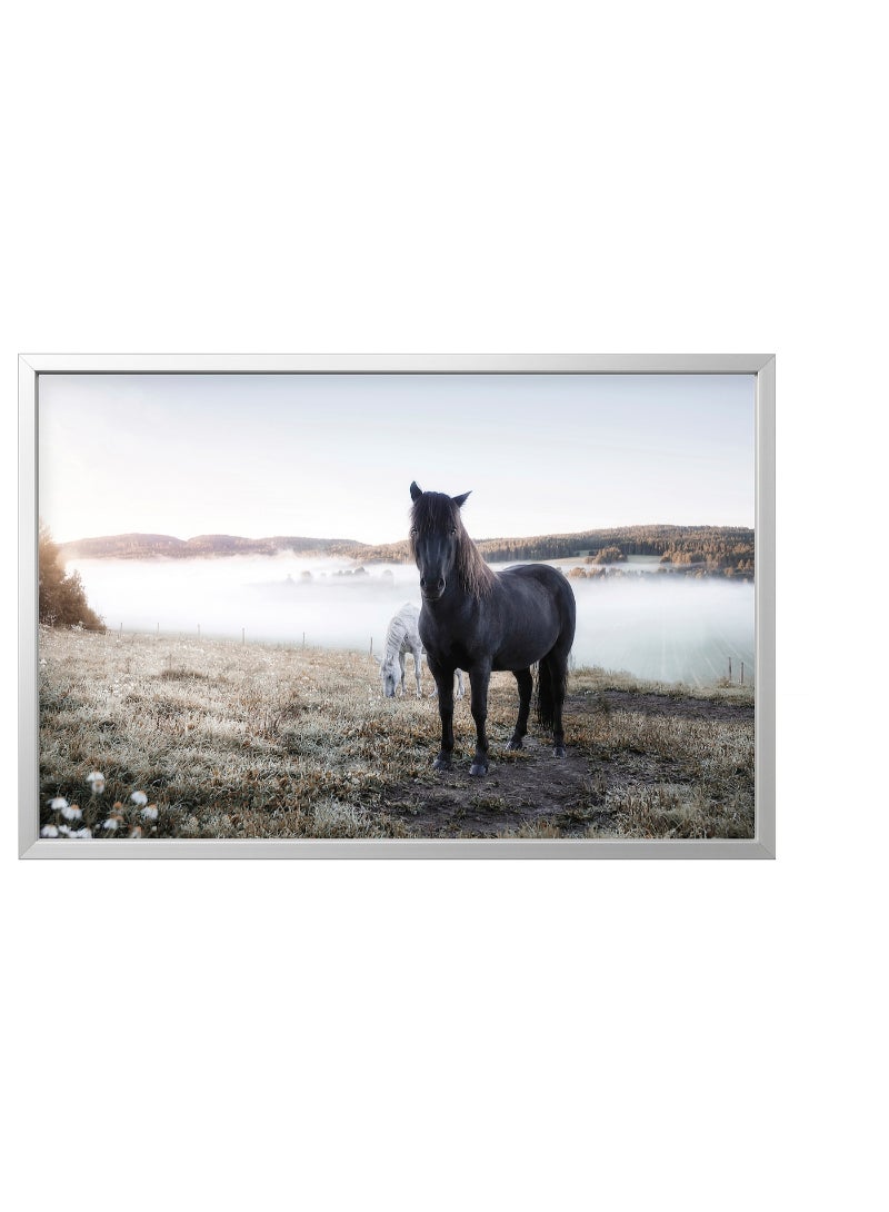 IKEA FRAKTA Picture with frame - grazing horses/aluminium-colour - 118x78 cm - Image 1