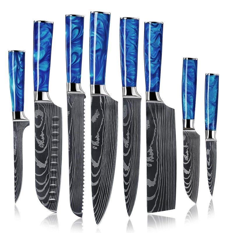Senken Knives SENKEN 8Piece Japanese Knife Set  Blue Resin Handle Laser Damascus Blades  Chefs Santoku Bread  Paring Knives 