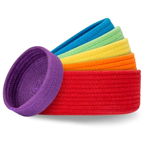 Small Shelf Storage Baskets for Organizing 6 Pack Round Cotton Rope Bins Decorative and Cute Woven Baskets for Bedroom and Closet Key Tray Bowl Home Decor Countertop Organizer Rainbow