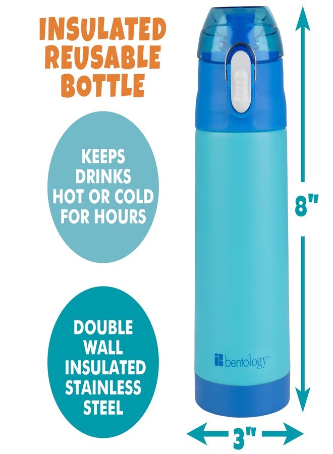 Bentology Stainless Steel 13 oz Reusable Water Bottle for Kids, Blue- Double Wall Insulated, Spill Proof Lid w/Built-in Straw- Keep Liquids Hot or Cold- Easily Fits in Lunch Boxes & Bags- XMAS Gift - Image 3