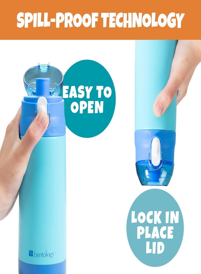 Bentology Stainless Steel 13 oz Reusable Water Bottle for Kids, Blue- Double Wall Insulated, Spill Proof Lid w/Built-in Straw- Keep Liquids Hot or Cold- Easily Fits in Lunch Boxes & Bags- XMAS Gift - Image 2