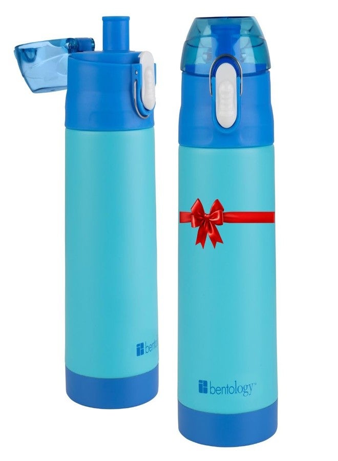 Bentology Stainless Steel 13 oz Reusable Water Bottle for Kids, Blue- Double Wall Insulated, Spill Proof Lid w/Built-in Straw- Keep Liquids Hot or Cold- Easily Fits in Lunch Boxes & Bags- XMAS Gift - Image 1