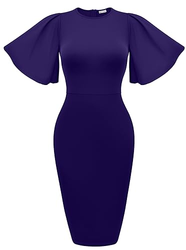 Memoriesea Women's Basic Bodycon Ruffle Flared Short Sleeve Pencil Midi Dress Purple - Image 1