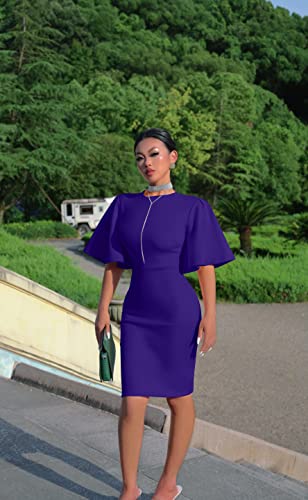 Memoriesea Women's Basic Bodycon Ruffle Flared Short Sleeve Pencil Midi Dress Purple - Image 3