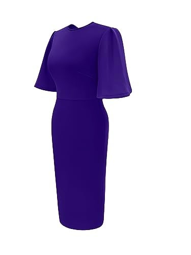 Memoriesea Women's Basic Bodycon Ruffle Flared Short Sleeve Pencil Midi Dress Purple - Image 2