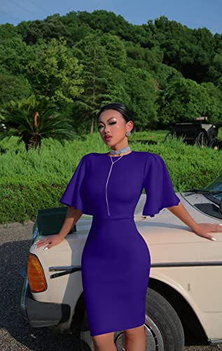Memoriesea Women's Basic Bodycon Ruffle Flared Short Sleeve Pencil Midi Dress Purple - Image 5