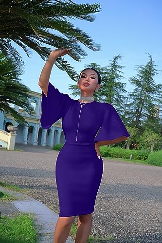 Memoriesea Women's Basic Bodycon Ruffle Flared Short Sleeve Pencil Midi Dress Purple - Image 4