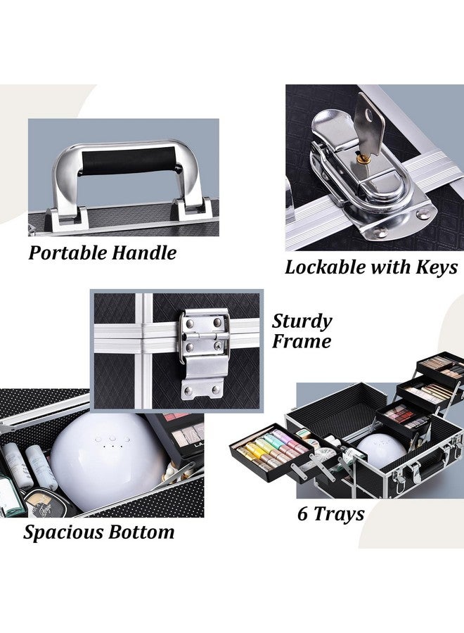 FRENESSA Makeup Train Case Makeup Case 11.8 Inch Large Cosmetic Box Organizer Travel Storage Professional Make Up Train Carrying Case with 6 Trays Locking Hard Vanity Storage Black - Image 3