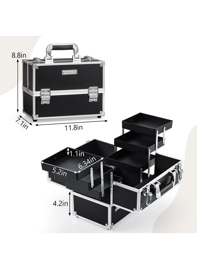 FRENESSA Makeup Train Case Makeup Case 11.8 Inch Large Cosmetic Box Organizer Travel Storage Professional Make Up Train Carrying Case with 6 Trays Locking Hard Vanity Storage Black - Image 4