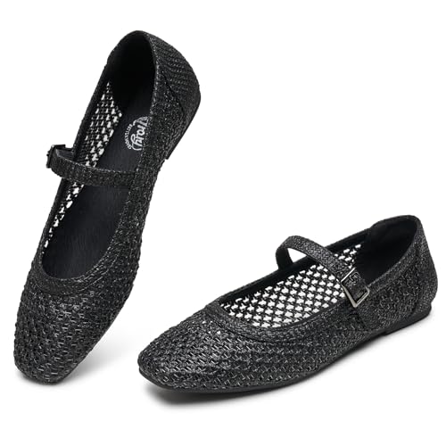 Trary Mary Jane Shoes Women, Woven Black Flats for Women, Black Ballet Flats Shoes, Squared Toe Mary Jane Flats Ankle Strap Dressy Comfortable, Women's Flats, Black Dress Shoe Size 9 - Image 1