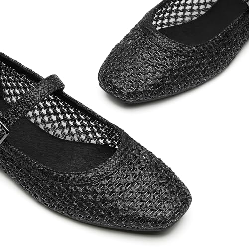 Trary Mary Jane Shoes Women, Woven Black Flats for Women, Black Ballet Flats Shoes, Squared Toe Mary Jane Flats Ankle Strap Dressy Comfortable, Women's Flats, Black Dress Shoe Size 9 - Image 2