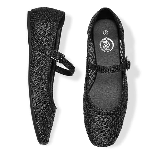 Trary Mary Jane Shoes Women, Woven Black Flats for Women, Black Ballet Flats Shoes, Squared Toe Mary Jane Flats Ankle Strap Dressy Comfortable, Women's Flats, Black Dress Shoe Size 9 - Image 3