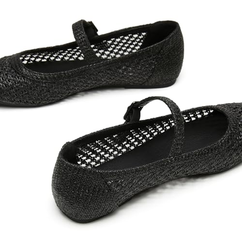 Trary Mary Jane Shoes Women, Woven Black Flats for Women, Black Ballet Flats Shoes, Squared Toe Mary Jane Flats Ankle Strap Dressy Comfortable, Women's Flats, Black Dress Shoe Size 9 - Image 4