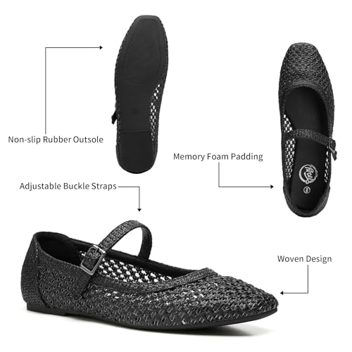 Trary Mary Jane Shoes Women, Woven Black Flats for Women, Black Ballet Flats Shoes, Squared Toe Mary Jane Flats Ankle Strap Dressy Comfortable, Women's Flats, Black Dress Shoe Size 9 - Image 5