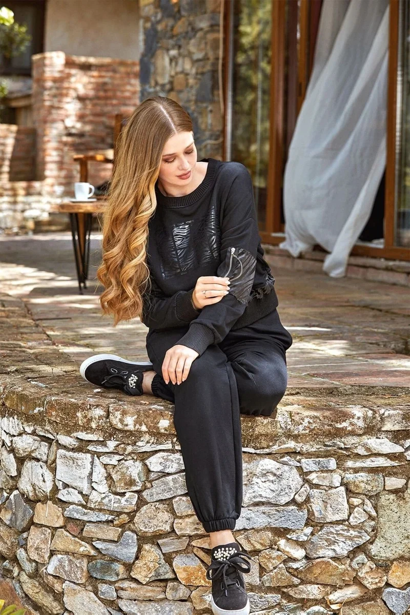 Cossy By Aqua 24244 Women's Long Sleeve Elastic Print Detail Sports 2-Piece Set-Black