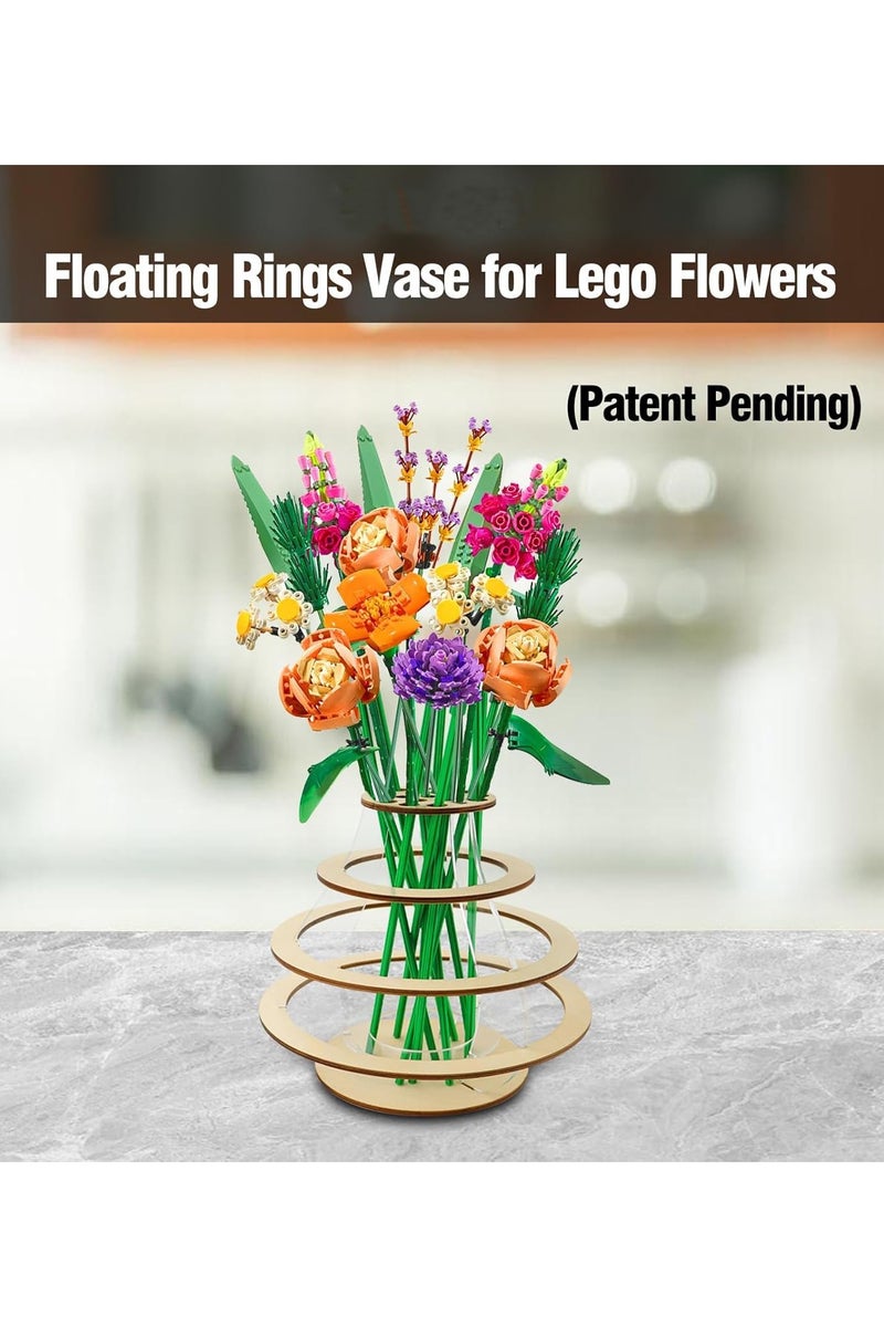 CMGTYYD Wooden Vase for Lego Flowers, Floating Rings Vase for Lego Flower Bouquet Building Set, Display Stand for Lego Roses Cherry Blossom Sunflower Tulips Daffodils Lotus, Perfect for Home Office Decor  - Image 2