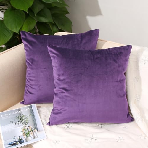 Hibate 2 Pack Soft Velvet Couch Throw Pillow Covers 18x18 Inch for Sofa Living Room Bedroom (Purple) - Image 2