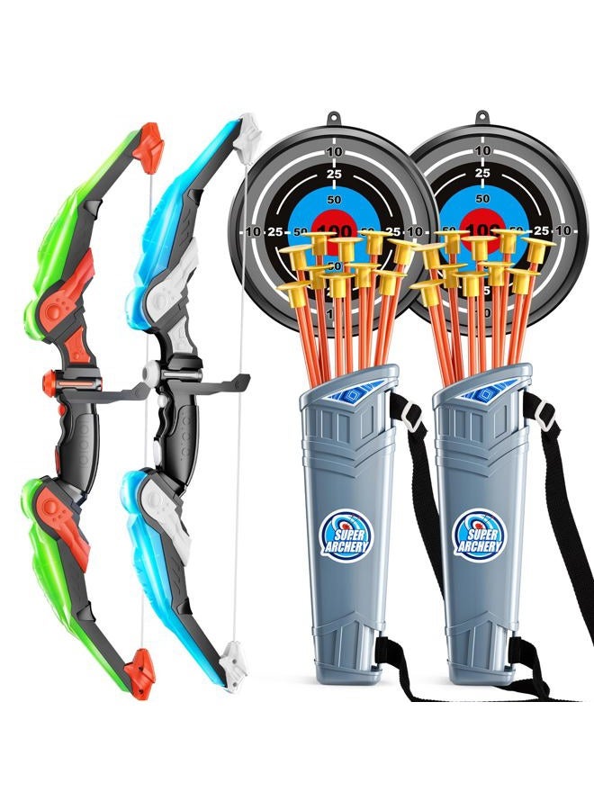 TEMI 2 Pack Set Kids Archery Bow Arrow Toy Set Outdoor Hunting Play with 2 Bow 20 Suction Cup Arrows 2 Target & 2 Quiver, LED Light Up Function Toy, Outdoor Toys for Kids, Boys & Girls Ages 3-12 - Image 1