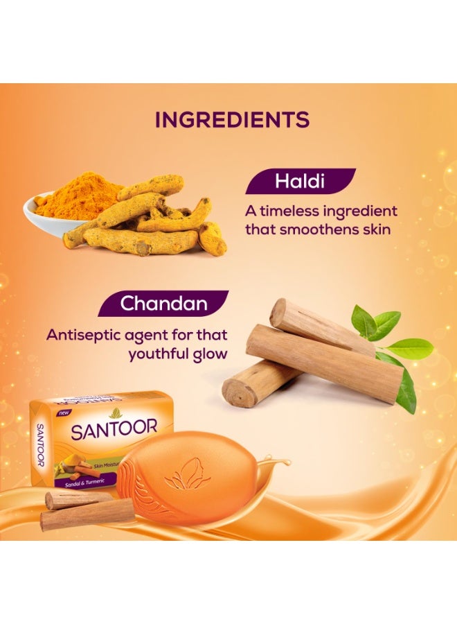 Santoor Skin Moisturizing Sandal & Turmeric Bathing Soap with Nourishing & Anti-Aging Properties| For Soft & Smooth and Younger-Looking Skin| For All Skin Types| Pack of 8, 125g - Image 4