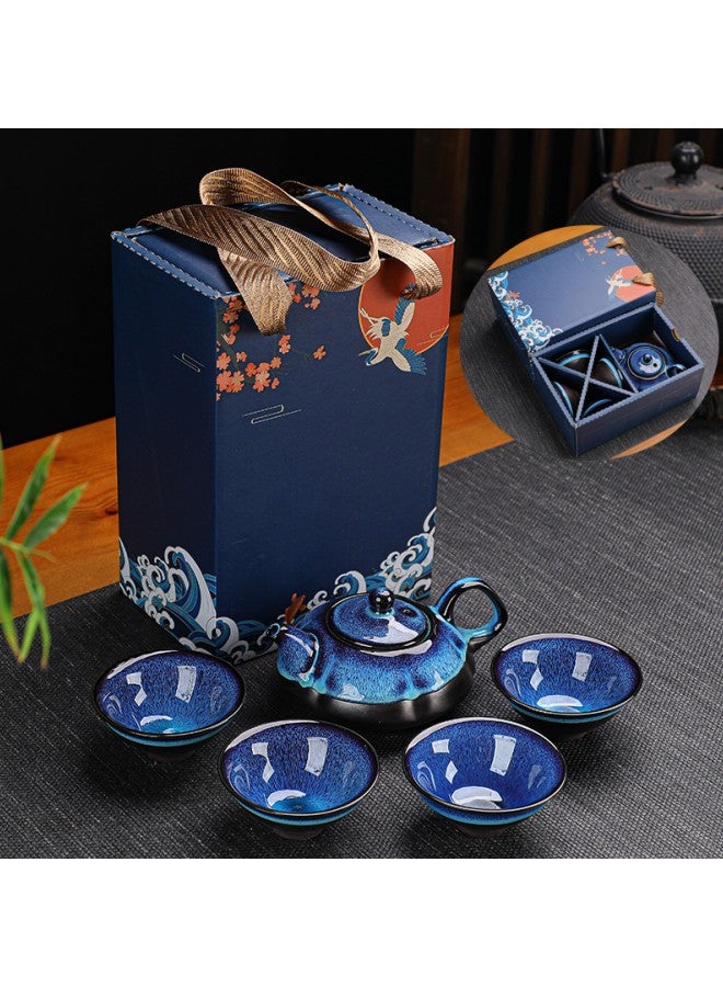 دبليو أيه أو كي أن طقم شاي سيراميك مكون من خمس قطع، طقم إبريق شاي وفناجين شاي، طقم هدايا شاي قهوة سيراميك، أكواب وصحون، مجموعة تقديم تتضمن إبريق شاي واحد، 4 فناجين شاي (أزرق وأسود) - Image 2