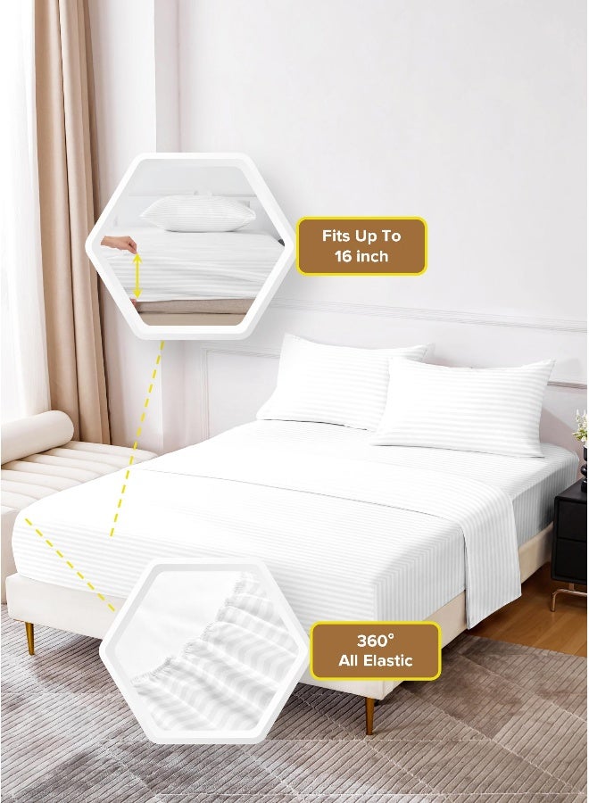 ايست من نون Queen Size 4Pc Fitted Sheet Set | Soft Microfiber Material | Embossed Stripe Bright White Color | 1 Fitted Sheet 150 X 200 Cm With 40 Cm Deep Pocket, 1 Flat Sheet 220 X 280 Cm, 2 Pillow Cases 50 X 75 Cm | Suitable For Queen Size Mattress - Image 3