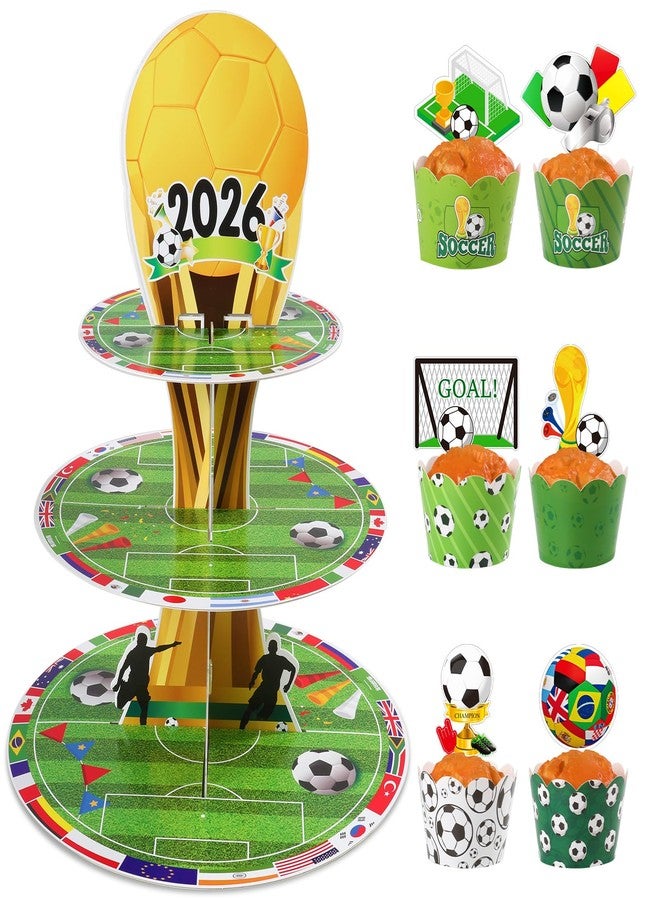 OBUSATT Soccer Birthday Party Decorations 3 Ties Soccer Cupcake Stand World Soccer Cup Trophy 2026 Sports Theme Cake Topper Supplies World Football Cup Party Cake Tower for Teenagers - Image 1