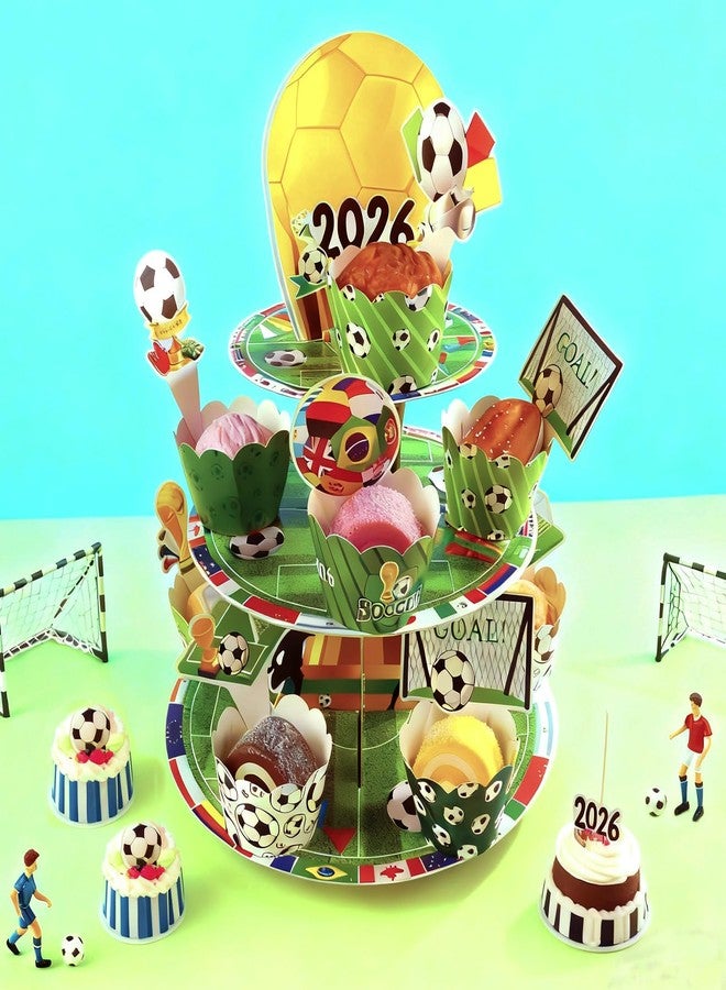 OBUSATT Soccer Birthday Party Decorations 3 Ties Soccer Cupcake Stand World Soccer Cup Trophy 2026 Sports Theme Cake Topper Supplies World Football Cup Party Cake Tower for Teenagers - Image 5