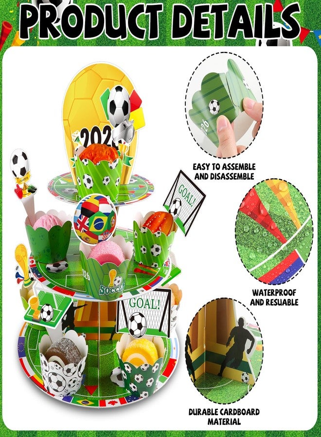 OBUSATT Soccer Birthday Party Decorations 3 Ties Soccer Cupcake Stand World Soccer Cup Trophy 2026 Sports Theme Cake Topper Supplies World Football Cup Party Cake Tower for Teenagers - Image 3