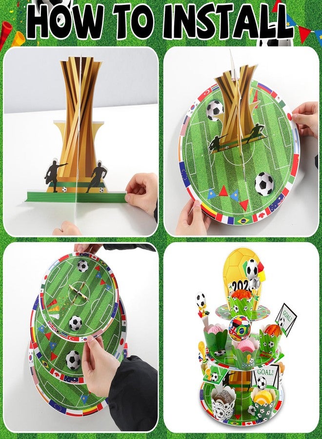 OBUSATT Soccer Birthday Party Decorations 3 Ties Soccer Cupcake Stand World Soccer Cup Trophy 2026 Sports Theme Cake Topper Supplies World Football Cup Party Cake Tower for Teenagers - Image 4