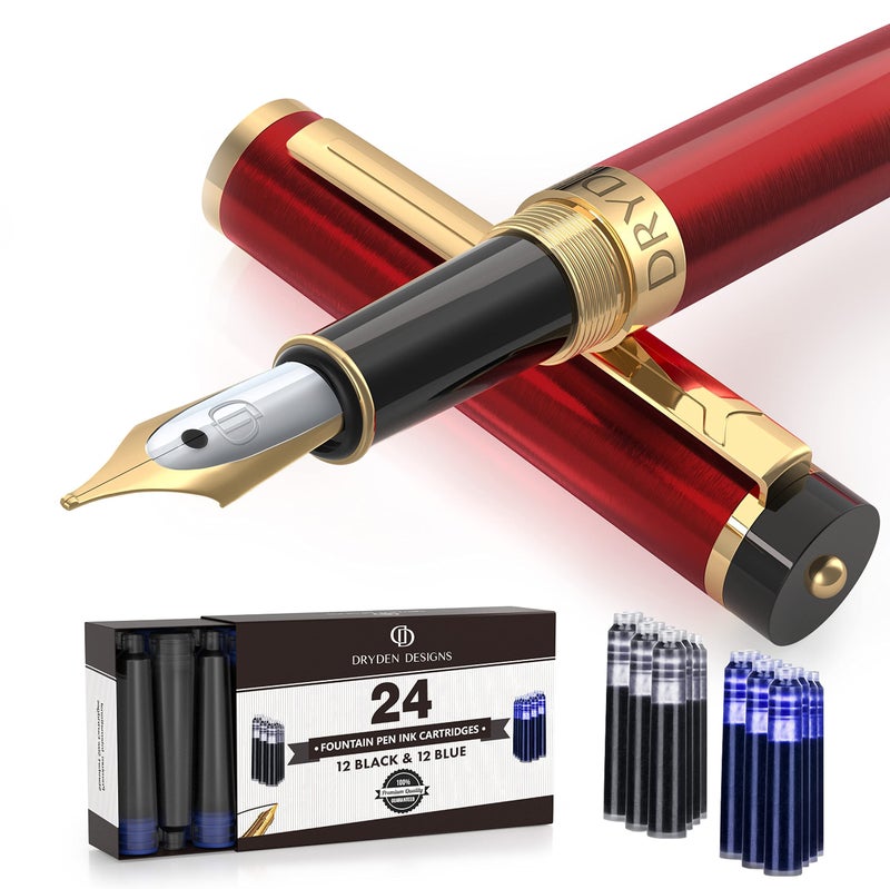 Dryden Designs Fountain Pen Medium Nib Gift Pouch - with 24 Ink Cartridges - MCM (Red) - Image 1