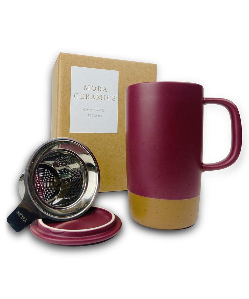 Mora Mora Ceramics Large Tea Mug with Loose Leaf Infuser and Ceramic Lid 18 oz Portable Microwave and Dishwasher Safe Tall Coffee Cup  Rustic Matte Ceramic Glaze Modern Herbal Tea Strainer Merlot 