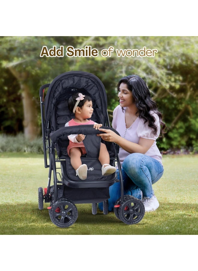 LuvLap Starshine Baby Stroller/Pram for 0 to 3 Years, New Born/Toddler/Kid, Lightweight, Adjustable backrest, 360° Swivel Wheel, Large Storage Basket, Reversible Handlebar (Black) - Image 4