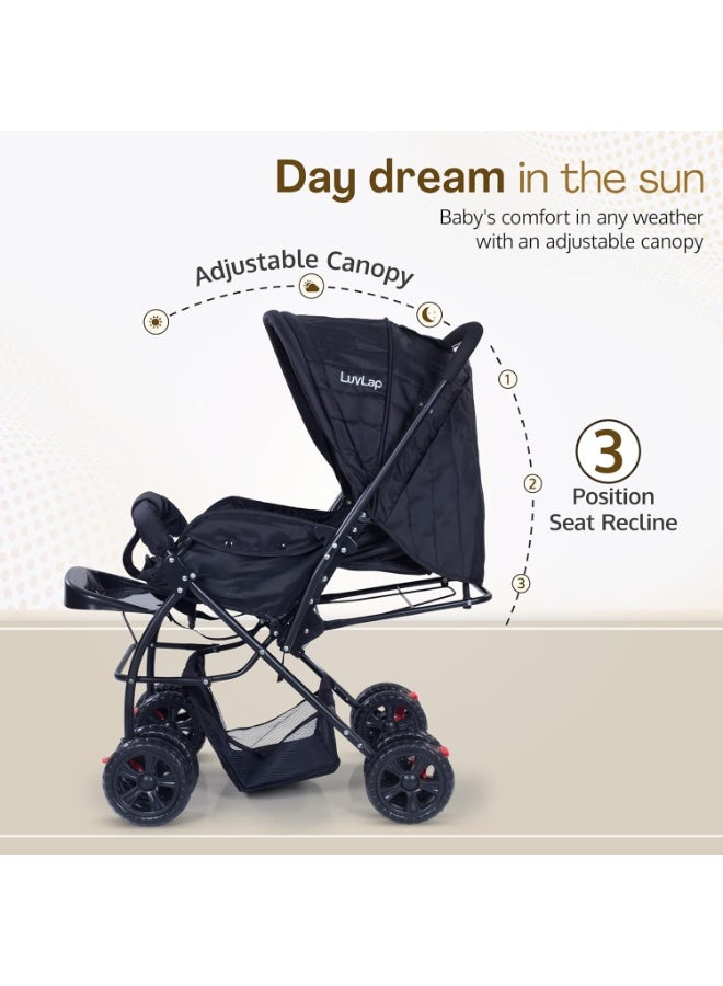 LuvLap Starshine Baby Stroller/Pram for 0 to 3 Years, New Born/Toddler/Kid, Lightweight, Adjustable backrest, 360° Swivel Wheel, Large Storage Basket, Reversible Handlebar (Black) - Image 3
