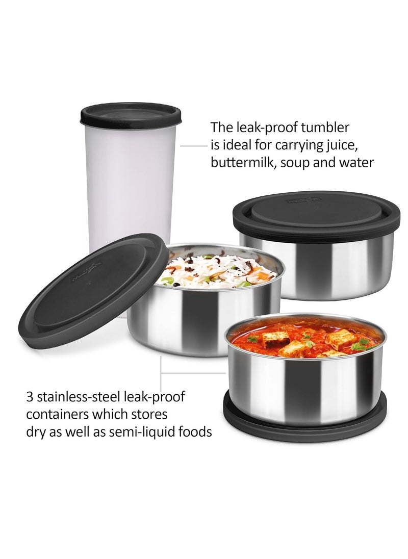 Milton Steel Combi Lunch Box, 3 Containers and 1 Tumbler with Jacket, Set of 4, Black | Food Grade | Light Weight | Dishwasher Safe | Easy to Carry | Leak Proof  - Image 5