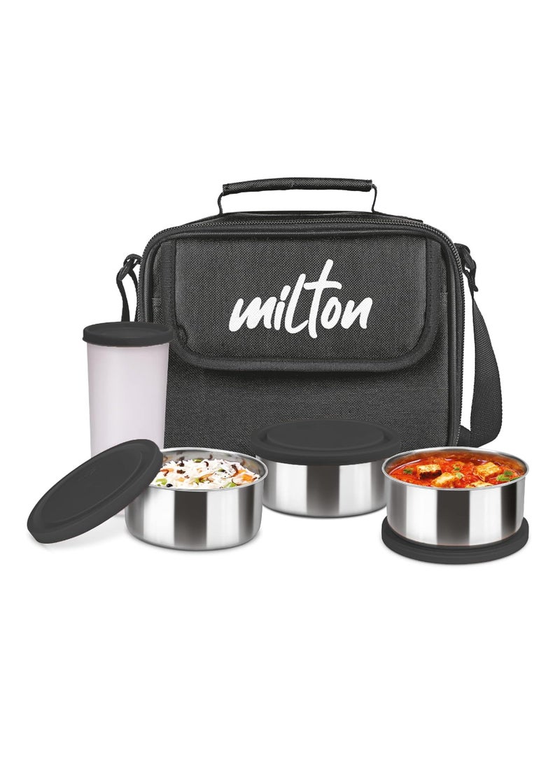 Milton Steel Combi Lunch Box, 3 Containers and 1 Tumbler with Jacket, Set of 4, Black | Food Grade | Light Weight | Dishwasher Safe | Easy to Carry | Leak Proof  - Image 1