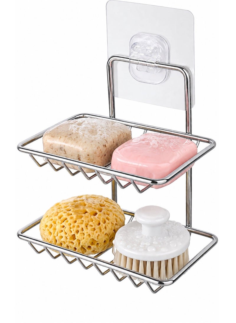 Dunekart Double Layer Soap Dish Holder, Self Adhesive Stainless Steel Wall Mount Storage Rack for Kitchen Bathroom Shower - Silver - Image 1