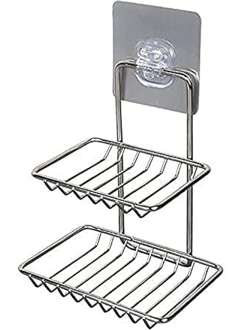 Dunekart Double Layer Soap Dish Holder, Self Adhesive Stainless Steel Wall Mount Storage Rack for Kitchen Bathroom Shower - Silver - Image 2