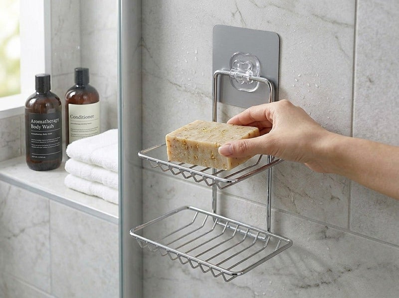 Dunekart Double Layer Soap Dish Holder, Self Adhesive Stainless Steel Wall Mount Storage Rack for Kitchen Bathroom Shower - Silver - Image 3