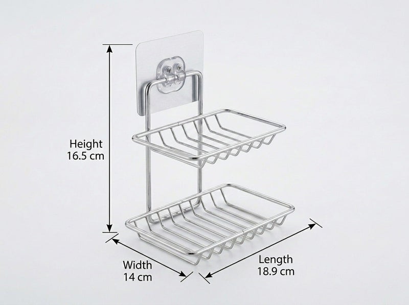 Dunekart Double Layer Soap Dish Holder, Self Adhesive Stainless Steel Wall Mount Storage Rack for Kitchen Bathroom Shower - Silver - Image 4