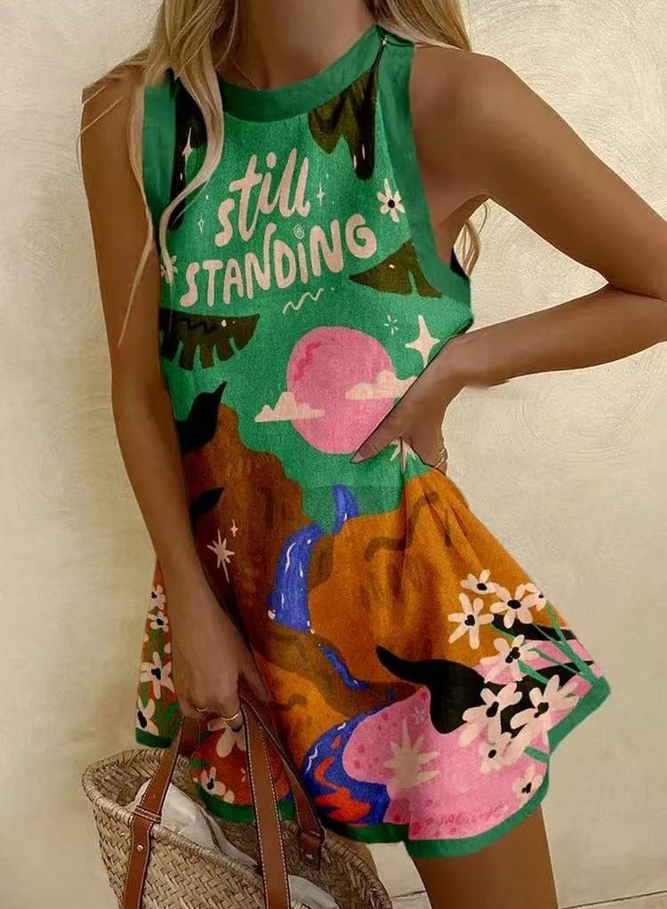 NIBEMINENT Sleeveless Ethnic Style Dress Flower Print Dress High Waist Loose Version Women's Crew Neck Casual Wear - Image 1