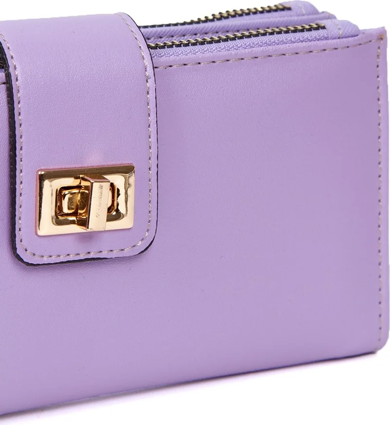 Avca Dos Women's Leather Lilac Phone Cash Coin Compartment Card Holder Locked Wrist Hand Strap Portfolio Wallet